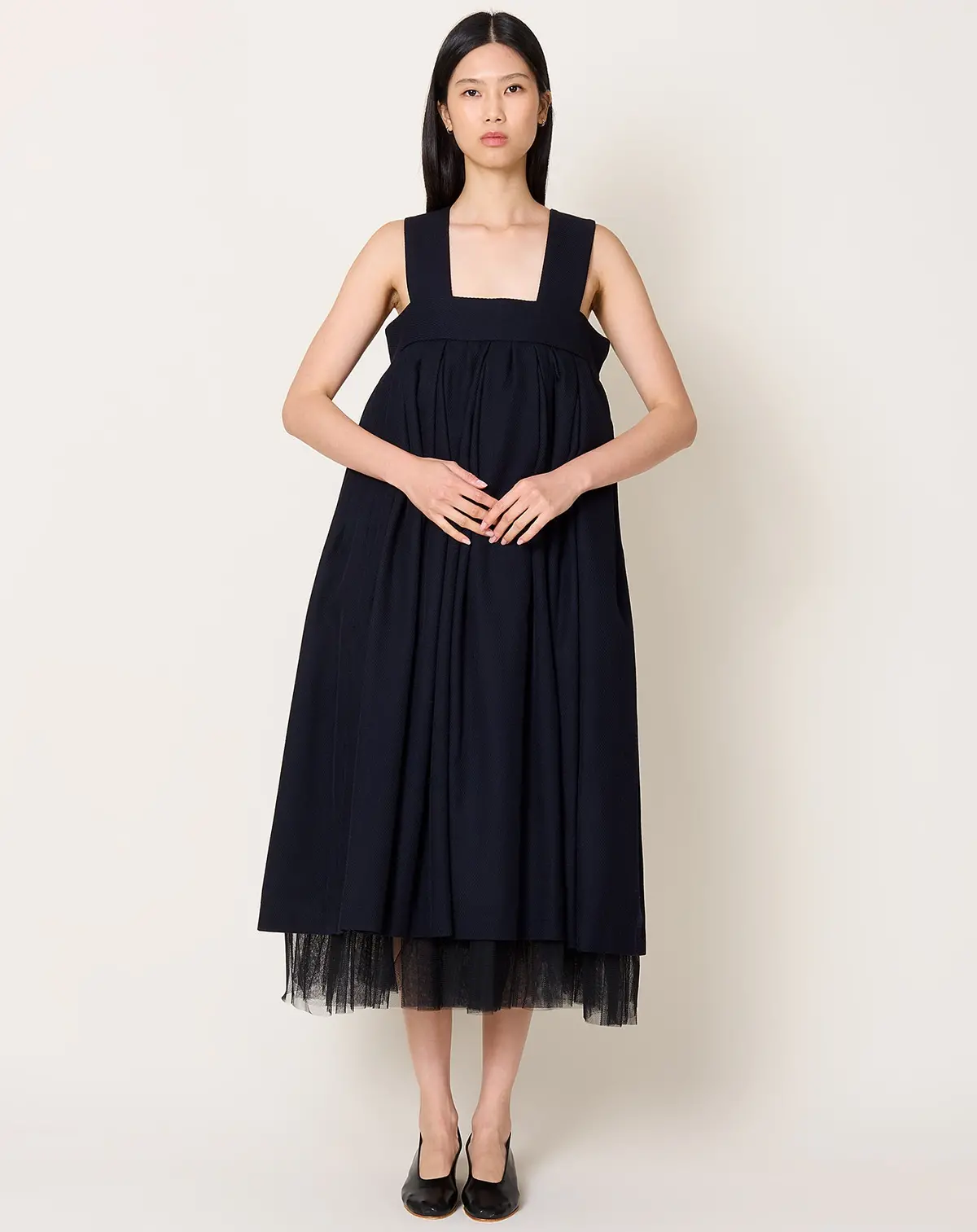 Wool Tulle Layer Dress In Navy Black 1