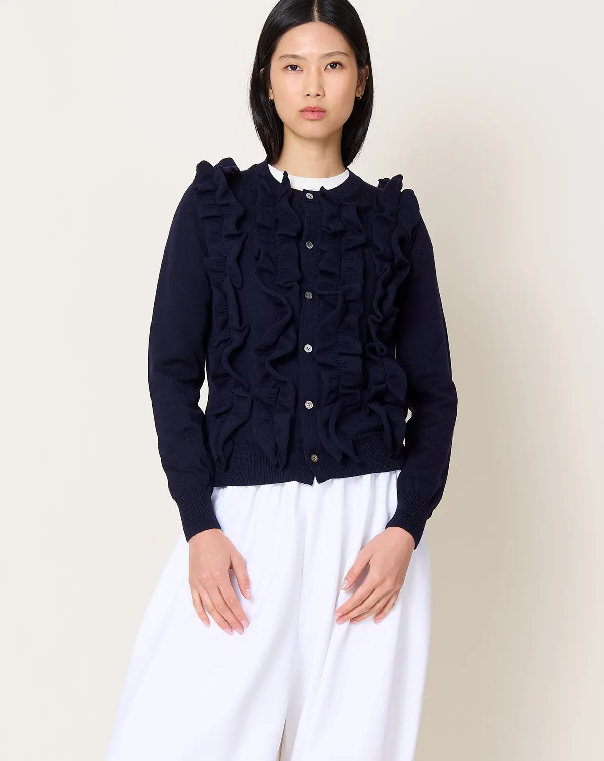 Frill Front Cardigan In Navy 1