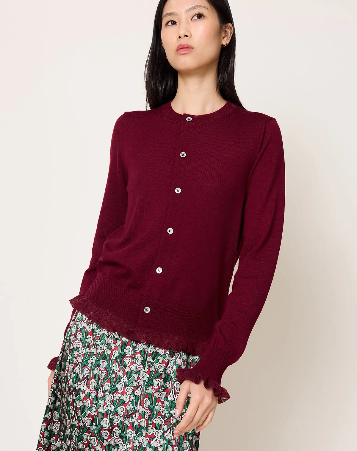 Gauze Trim Cardigan In Burgundy 1