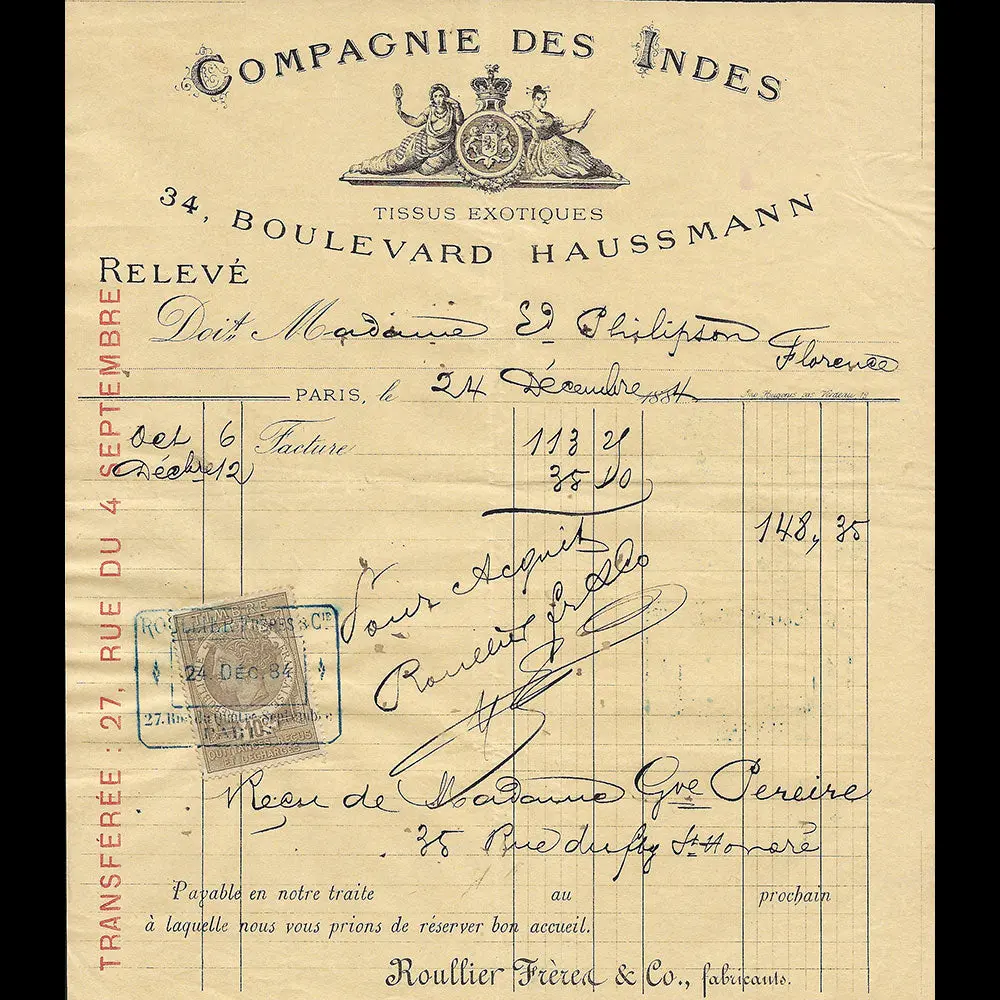 Compagnie Des Indes - Facture De La Maison De Tissus Exotiques, 34 Boulevard Haussmann À Paris (1884) 1