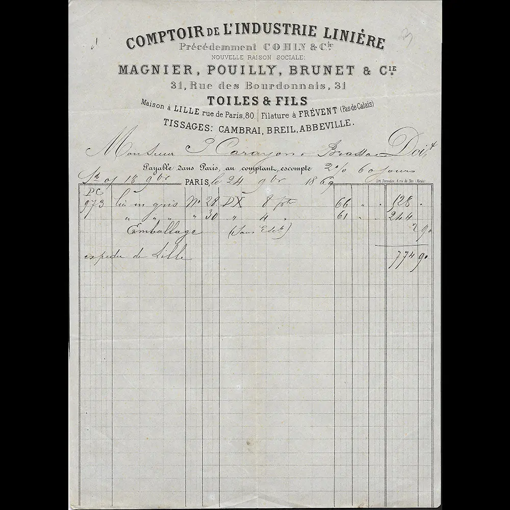 Comptoir De L'industrie Linière - Facture Du Magasin De Tissus, 31 Rue Des Bourdonnais À Paris (1869) 1