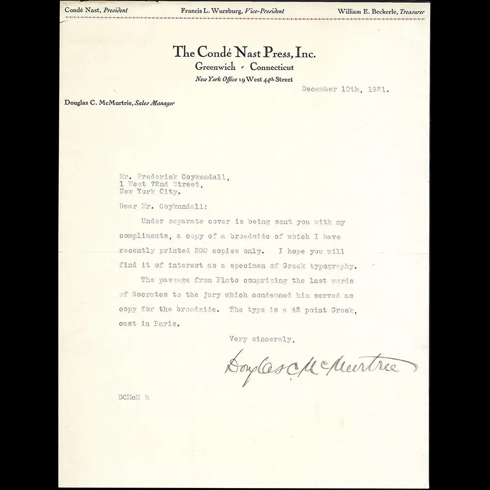 The Condé Nast Press - Lettre De Douglas Mcmurtrie (1921) 1