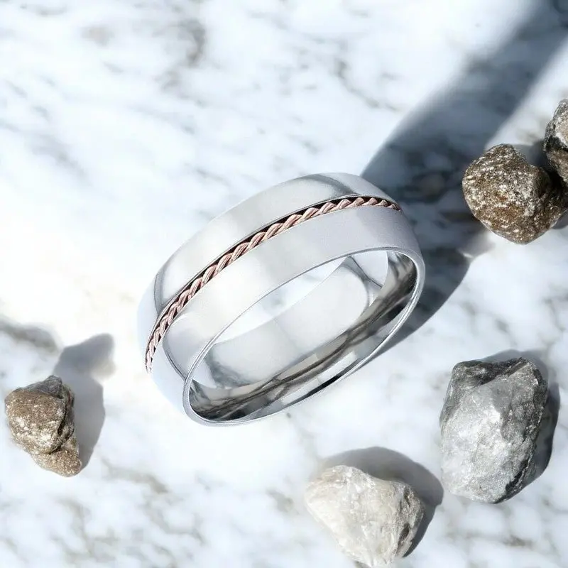 Conductor | Silver Titanium Ring, Braided 14K Rose Gold Inlay, Domed 2