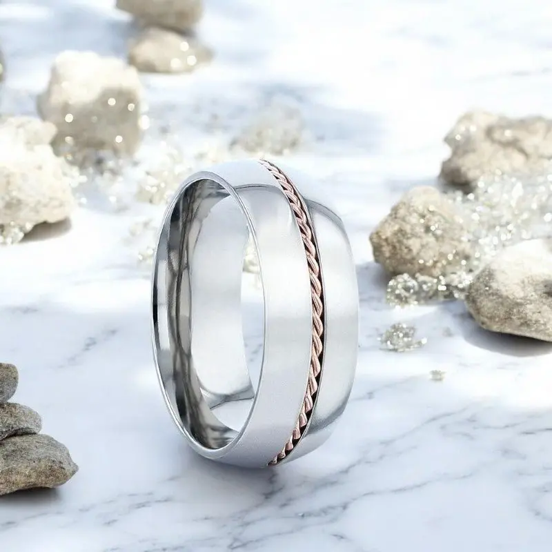 Conductor | Silver Titanium Ring, Braided 14K Rose Gold Inlay, Domed 1