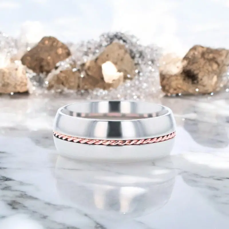 Conductor | Silver Titanium Ring, Braided 14K Rose Gold Inlay, Domed 4