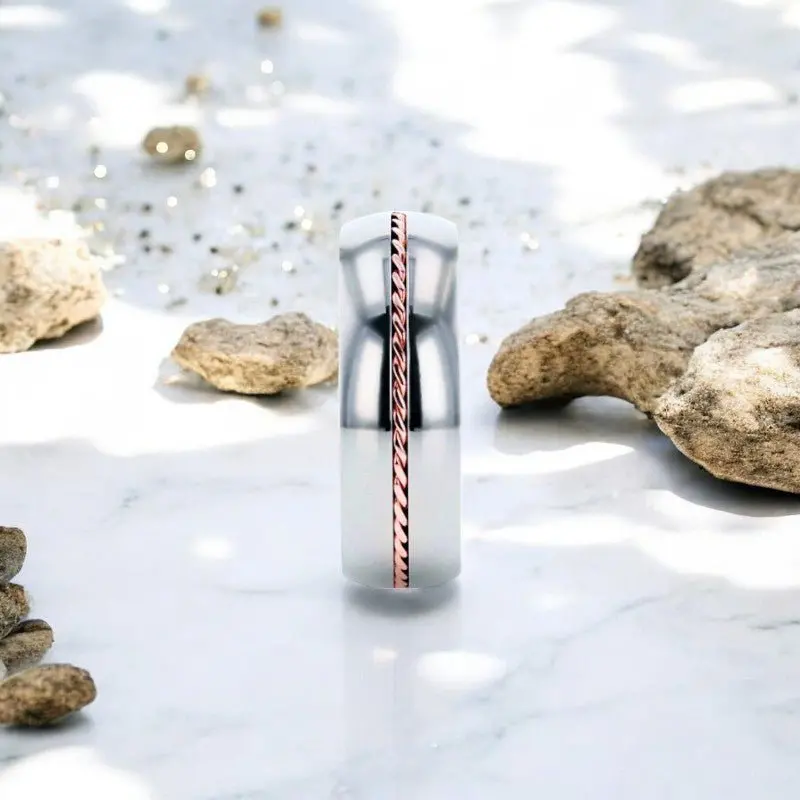 Conductor | Silver Titanium Ring, Braided 14K Rose Gold Inlay, Domed 3