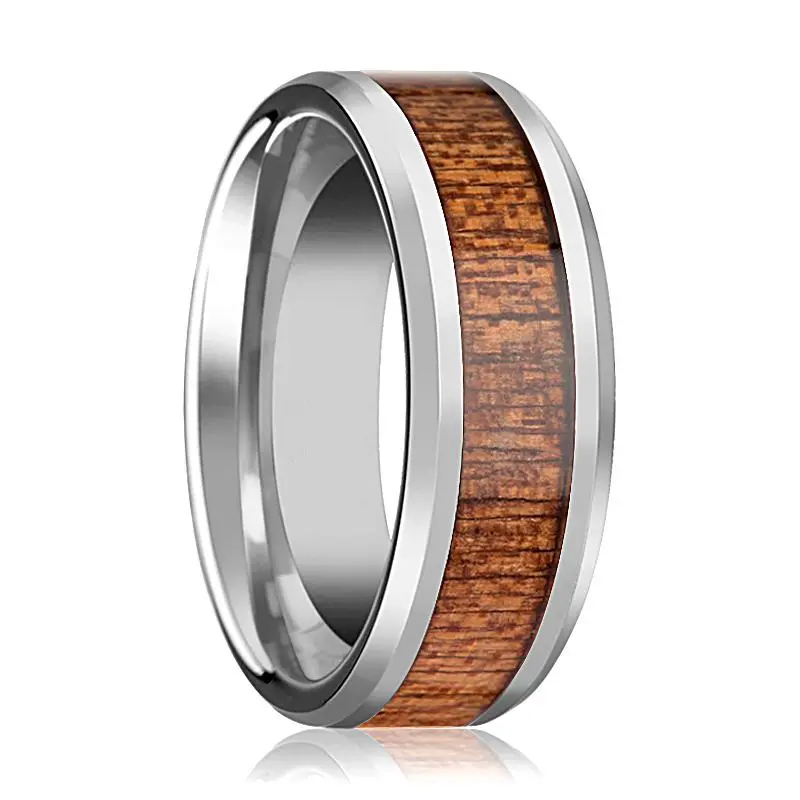 Congo | Silver Tungsten Ring, African Sapele Wood Inlay, Beveled 1