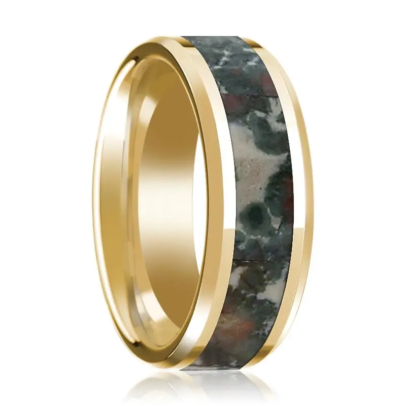 Coprolite Fossil Inlaid 14K Yellow Gold Polished Wedding Band For Men With Beveled Edges - 8Mm 1
