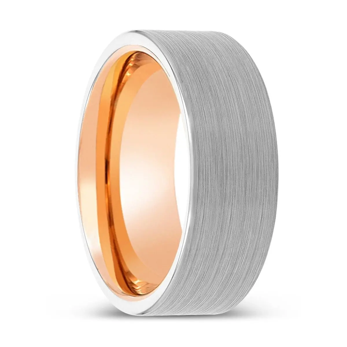 Corban | Rose Gold Ring, White Tungsten Ring, Brushed, Flat 1
