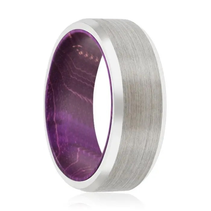 Corc | Purple Wood, Silver Tungsten Ring, Brushed, Beveled 1