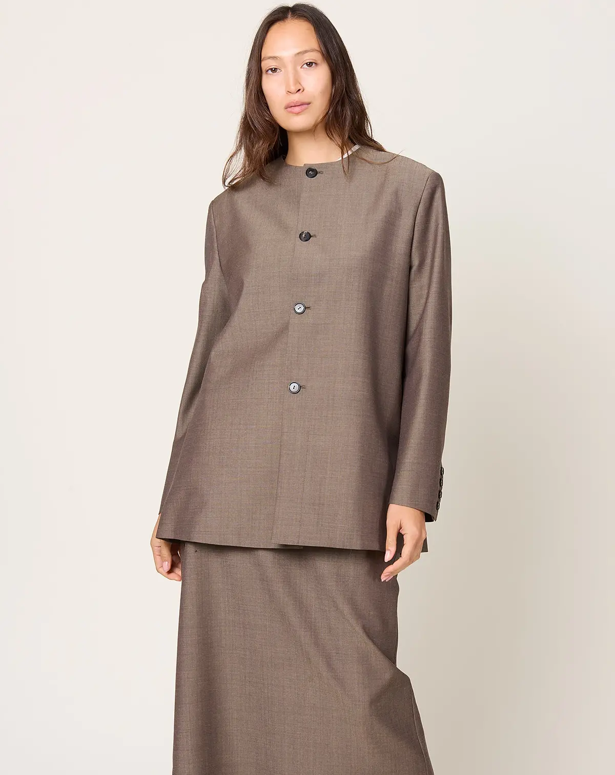 Round Neck Mohair Blazer In Smoke Brown 1