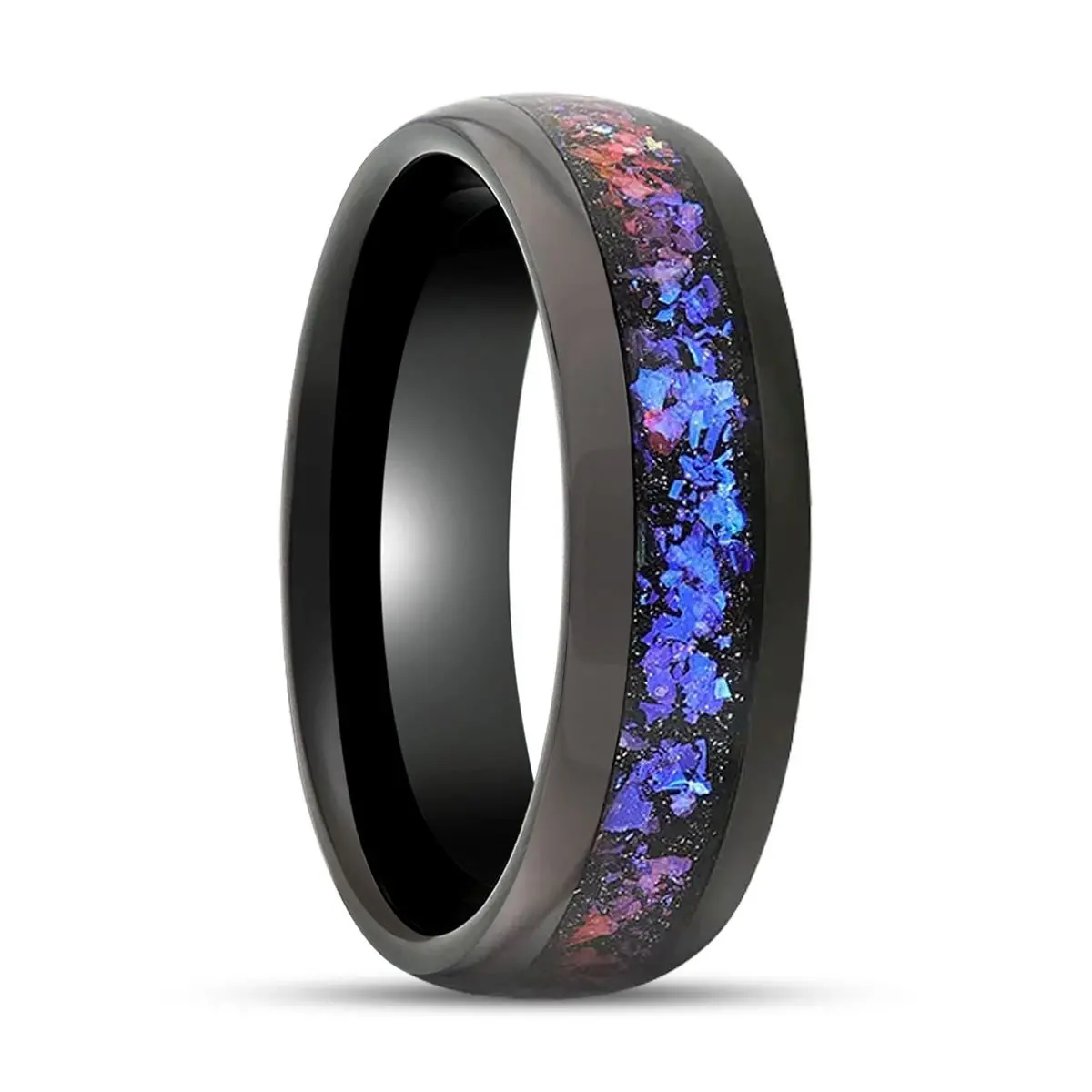 Cosmic | Black Tungsten Ring, Crushed Alexandrite, Goldstone Inlay, Domed 1