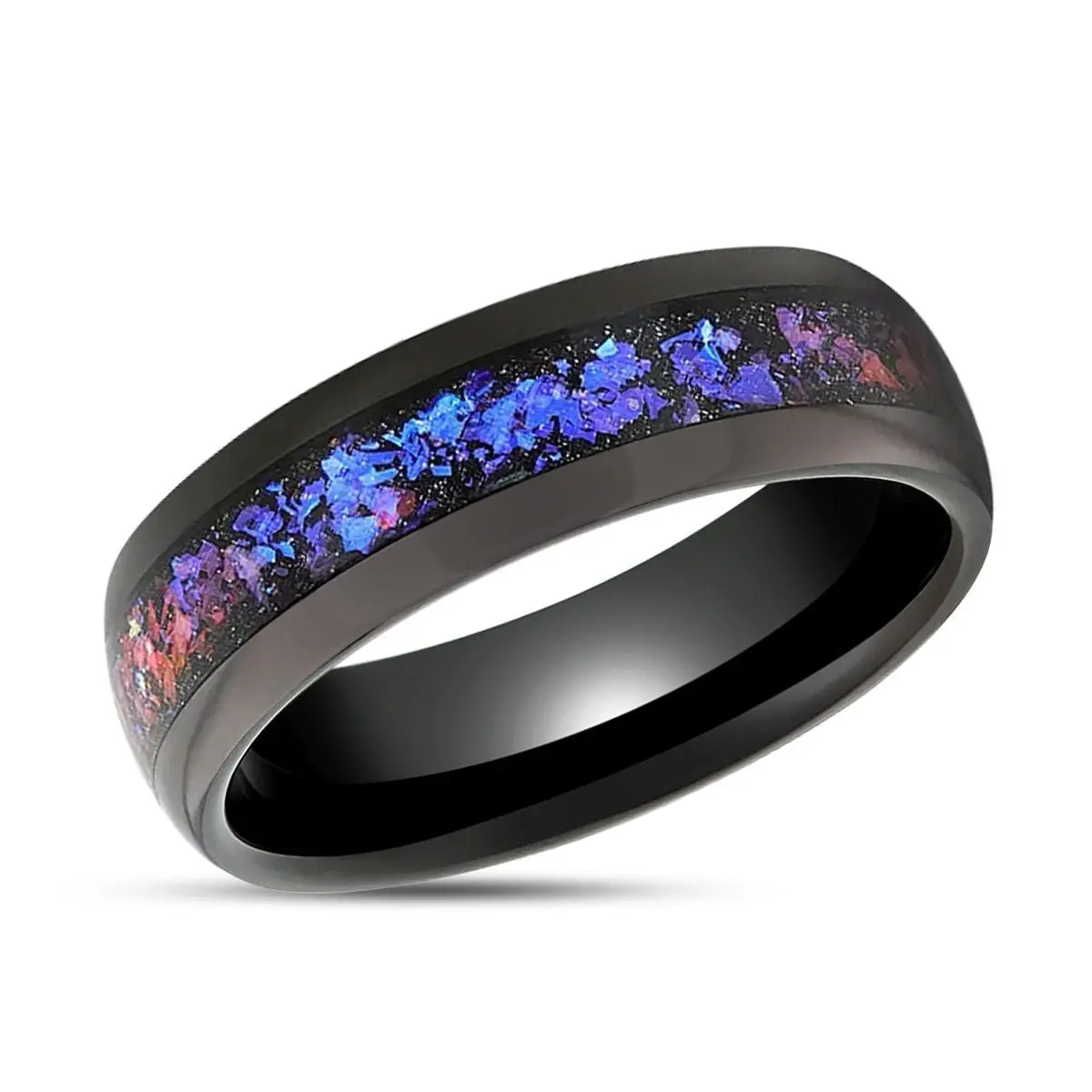 Cosmic | Black Tungsten Ring, Crushed Alexandrite, Goldstone Inlay, Domed 2