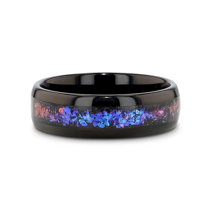Cosmic | Black Tungsten Ring, Crushed Alexandrite, Goldstone Inlay, Domed 4