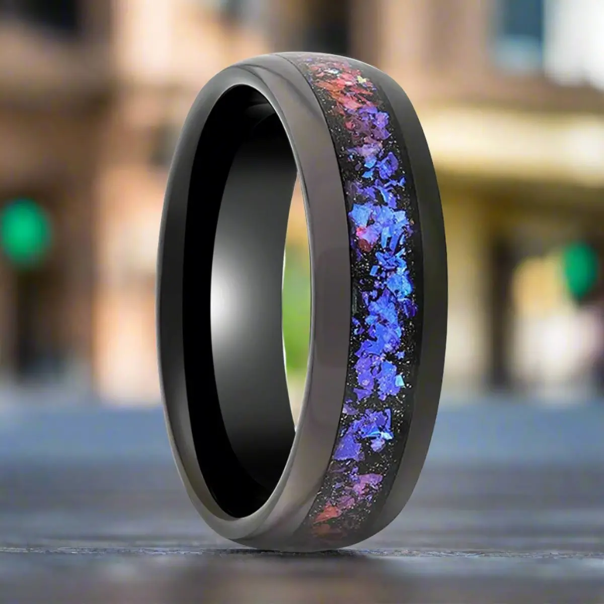 Cosmic | Black Tungsten Ring, Crushed Alexandrite, Goldstone Inlay, Domed 5