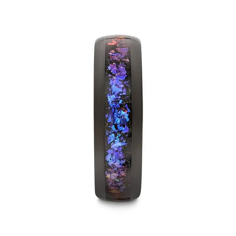 Cosmic | Black Tungsten Ring, Crushed Alexandrite, Goldstone Inlay, Domed 3