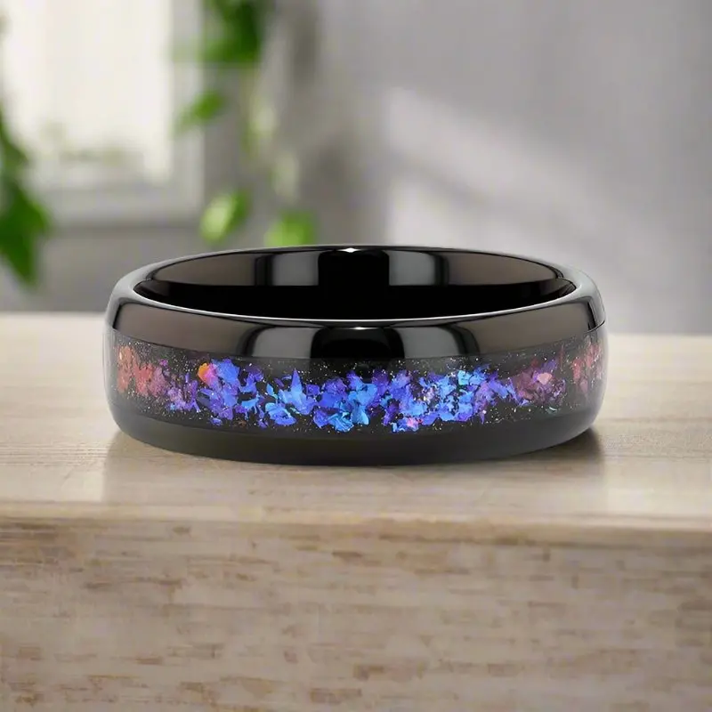Cosmic | Black Tungsten Ring, Crushed Alexandrite, Goldstone Inlay, Domed 6