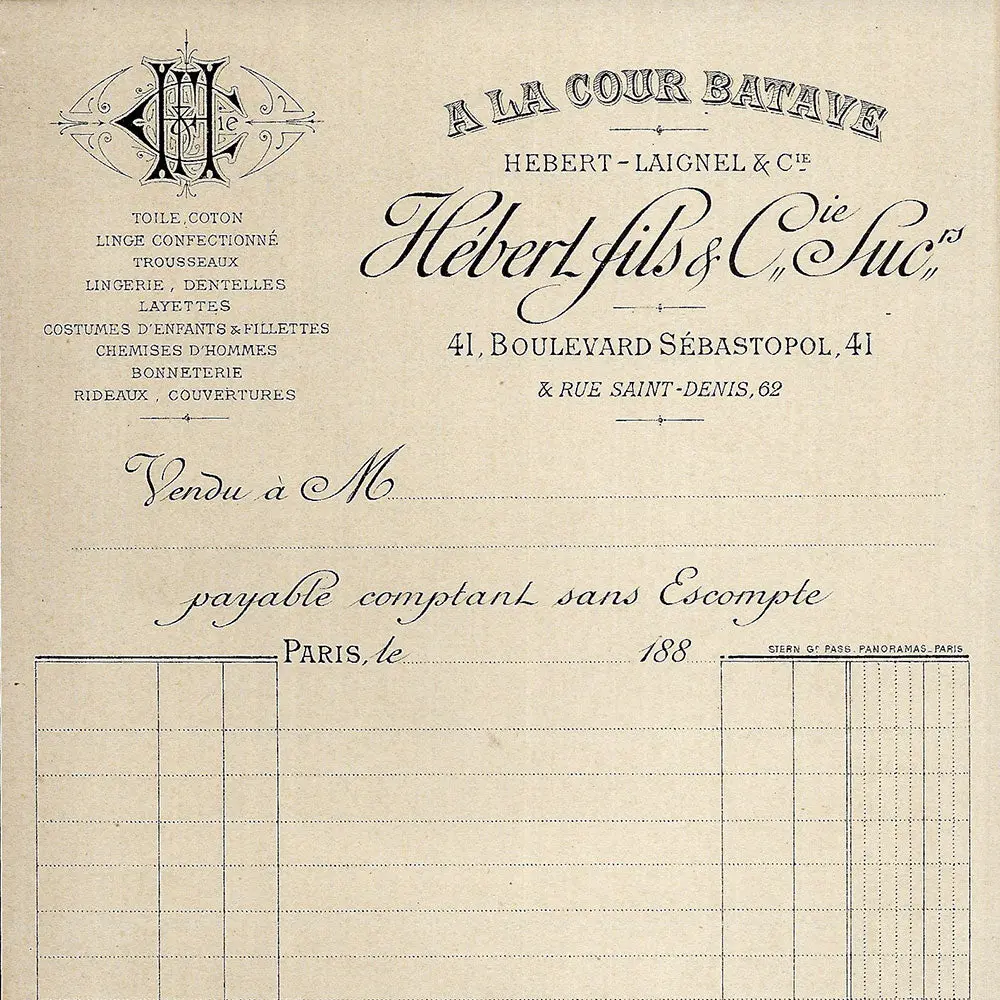 Hebert Fils & Cie - Facture De La Maison A La Cour Batave, 41 Boulevard Sebastopol À Paris (1880S) 2
