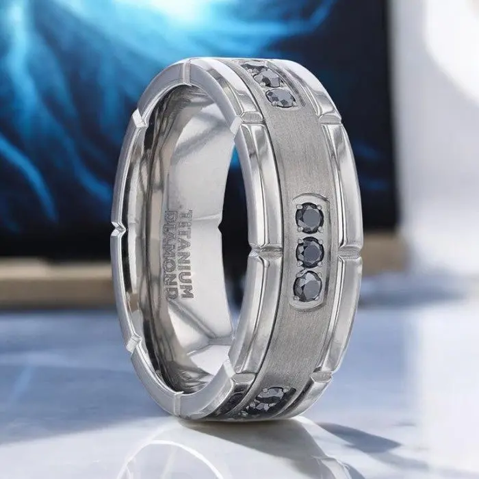 Courageous | Silver Titanium Ring, Black Diamonds, Flat 1