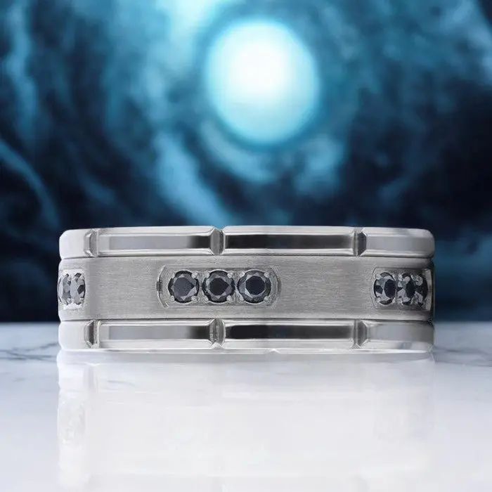 Courageous | Silver Titanium Ring, Black Diamonds, Flat 3