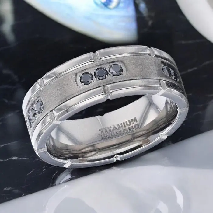 Courageous | Silver Titanium Ring, Black Diamonds, Flat 2
