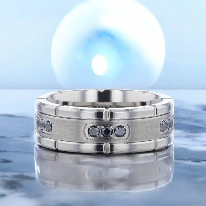 Courageous | Silver Titanium Ring, Black Diamonds, Flat 5