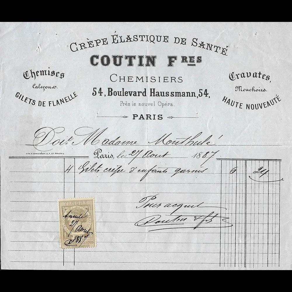 Coutin Frères - Facture Des Chemisiers, 54 Boulevard Haussmann À Paris (1887) 1