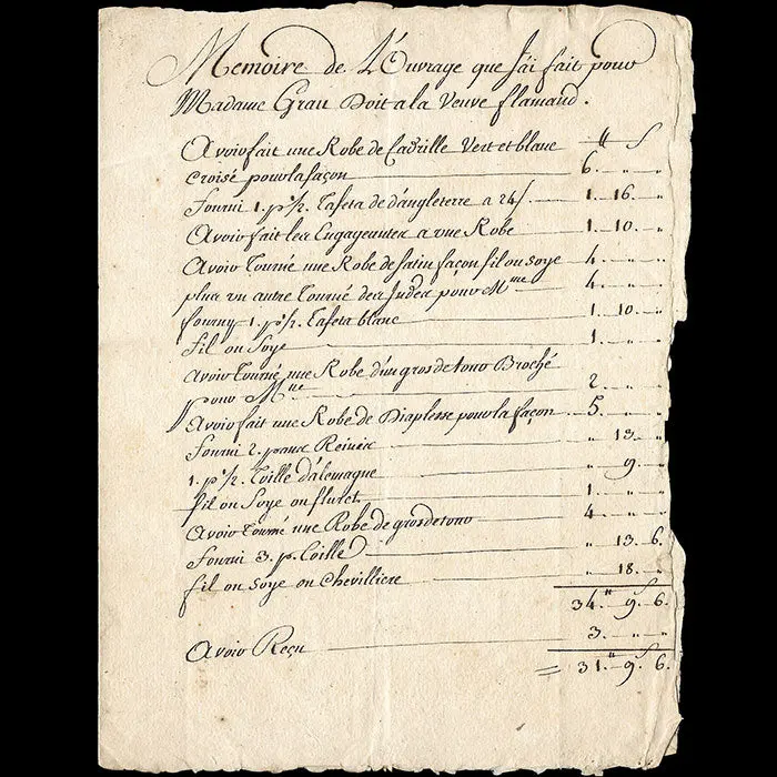 La Veuve Flamand - Facture De La Couturière  (Xviiième Siècle) 1