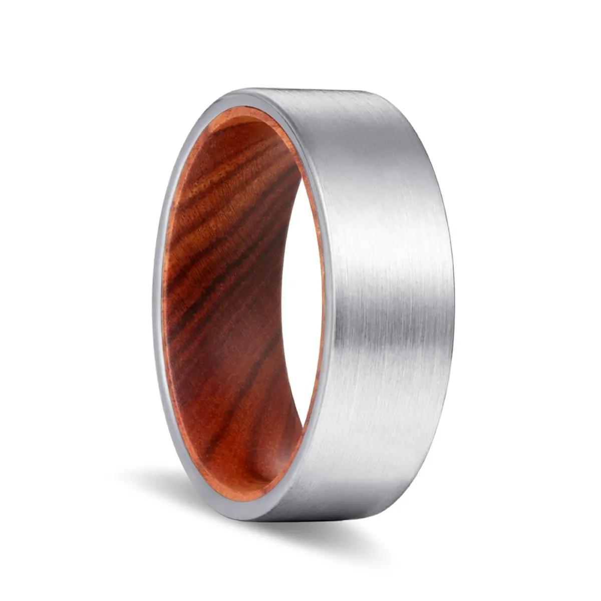 Cove | Iron Wood, Silver Tungsten Ring, Brushed, Flat 1