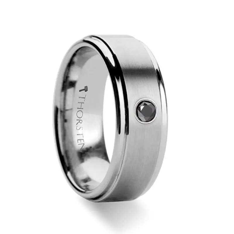 Coventry | Silver Tungsten Ring, One Black Diamond, Stepped Edge 1