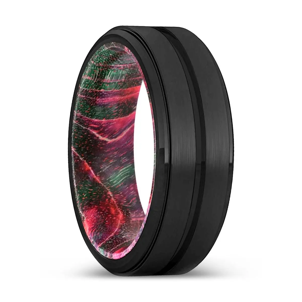 Coyote | Green & Red Wood, Black Tungsten Ring, Grooved, Stepped Edge 1