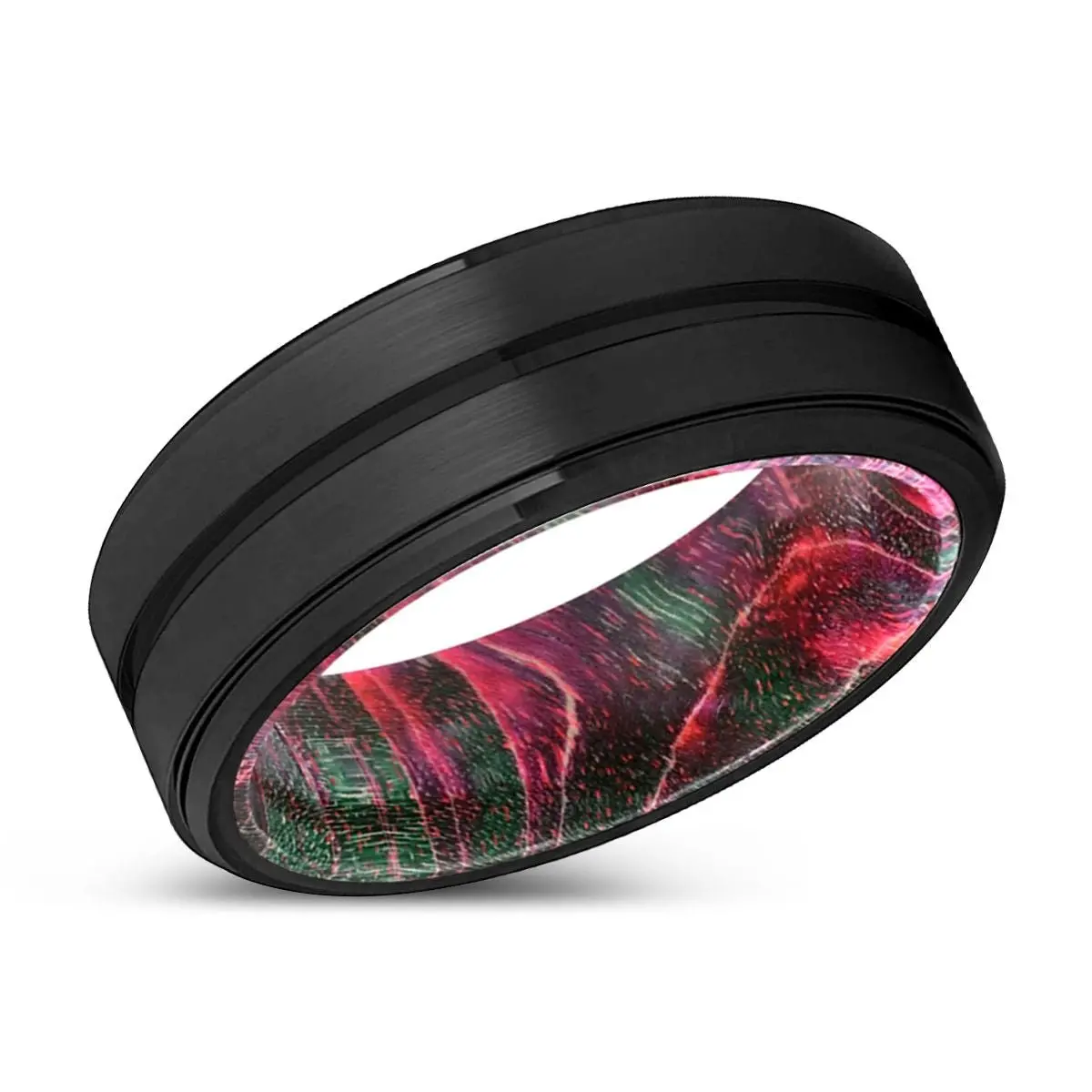 Coyote | Green & Red Wood, Black Tungsten Ring, Grooved, Stepped Edge 2