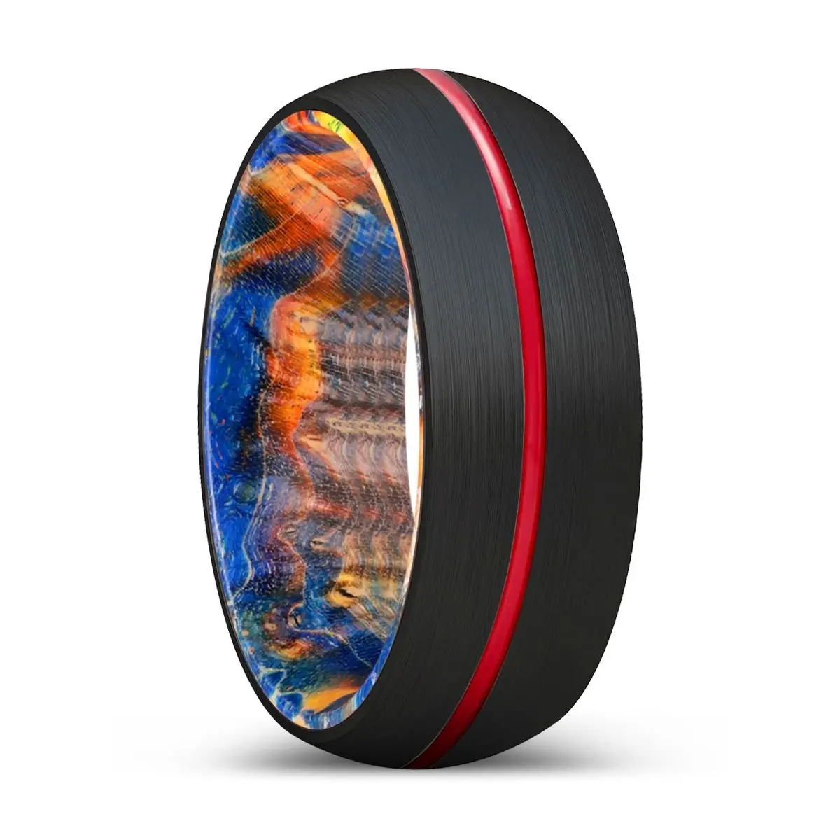 Cozmo | Blue & Yellow/Orange Wood, Black Tungsten Ring, Red Groove, Domed 1