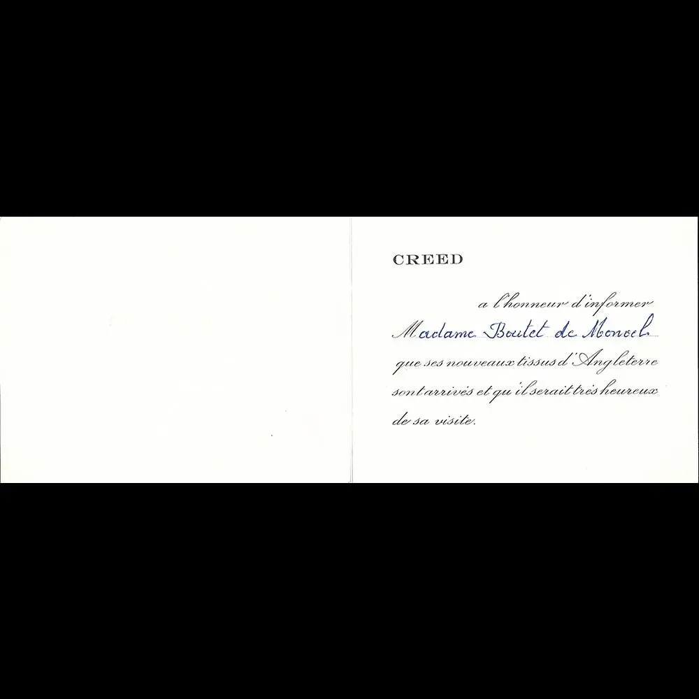 Creed - Carton D'invitation Du Tailleur, 7 Rue Royale À Paris (1950S) 2