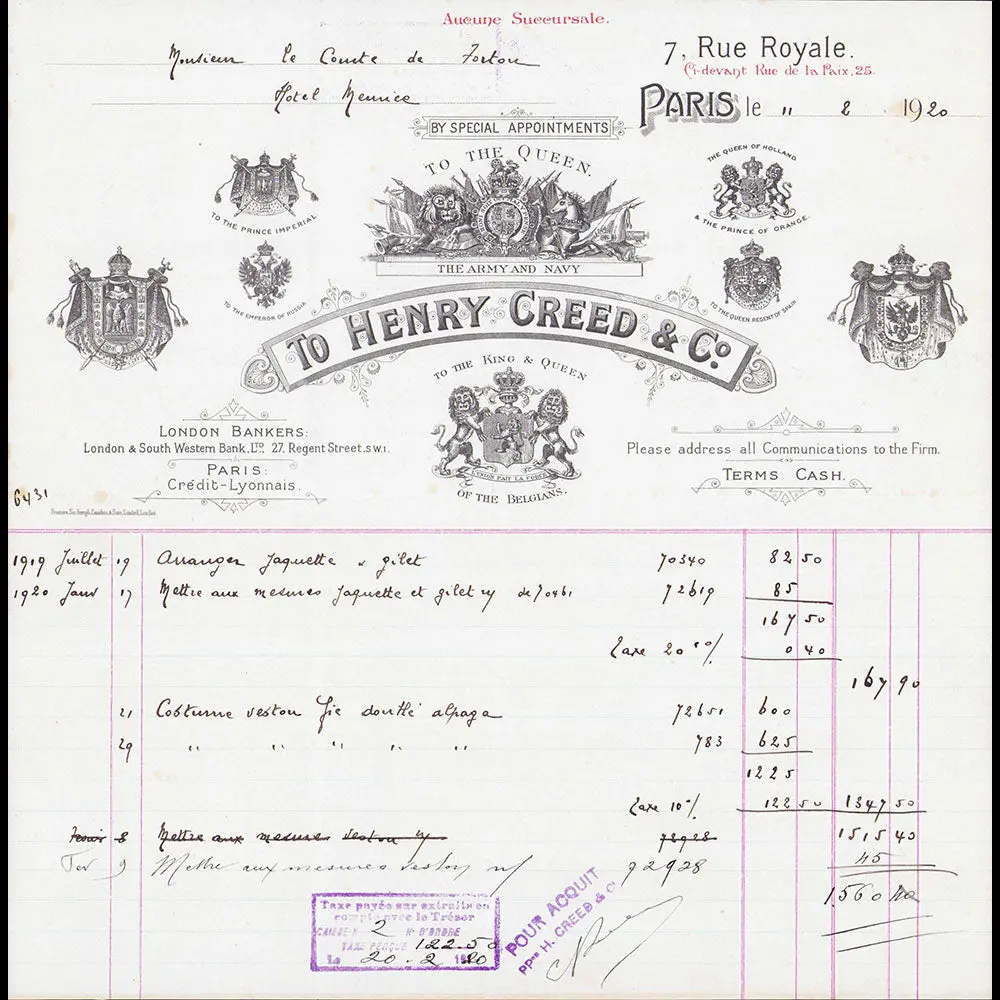 Creed - Facture Du Tailleur 7 Rue Royale À Paris (1920) 1