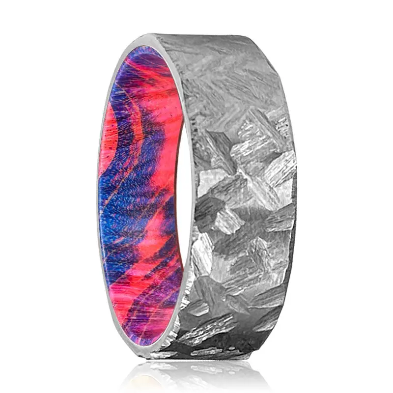 Crest | Blue And Red Wood, Silver Titanium Ring, Hammered, Flat 1