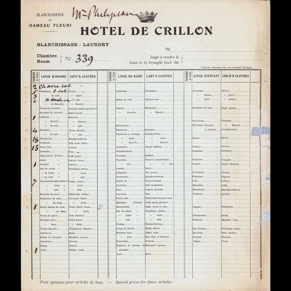 Hôtel De Crillon - Formulaire De Blanchisserie, Place De La Concorde À Paris (1900S) 1