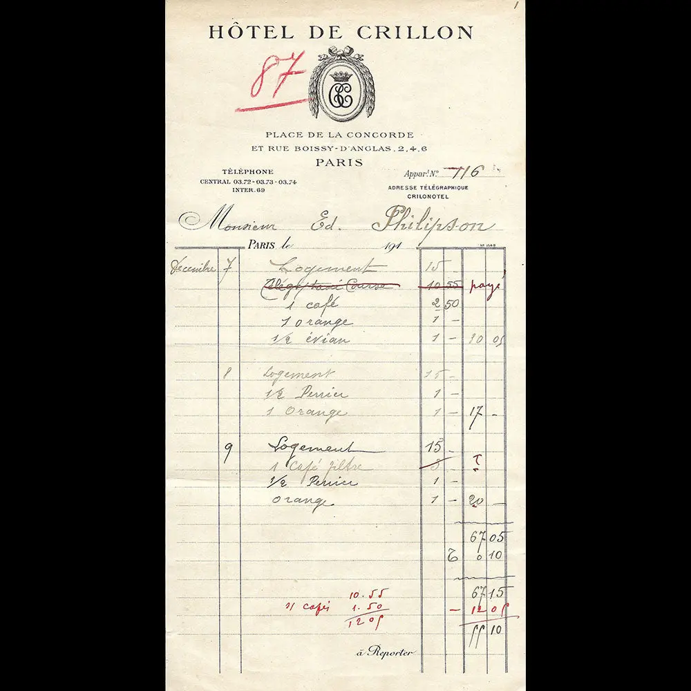 Hôtel De Crillon - Facture De L'hotel, Place De La Concorde À Paris (1910S) 1