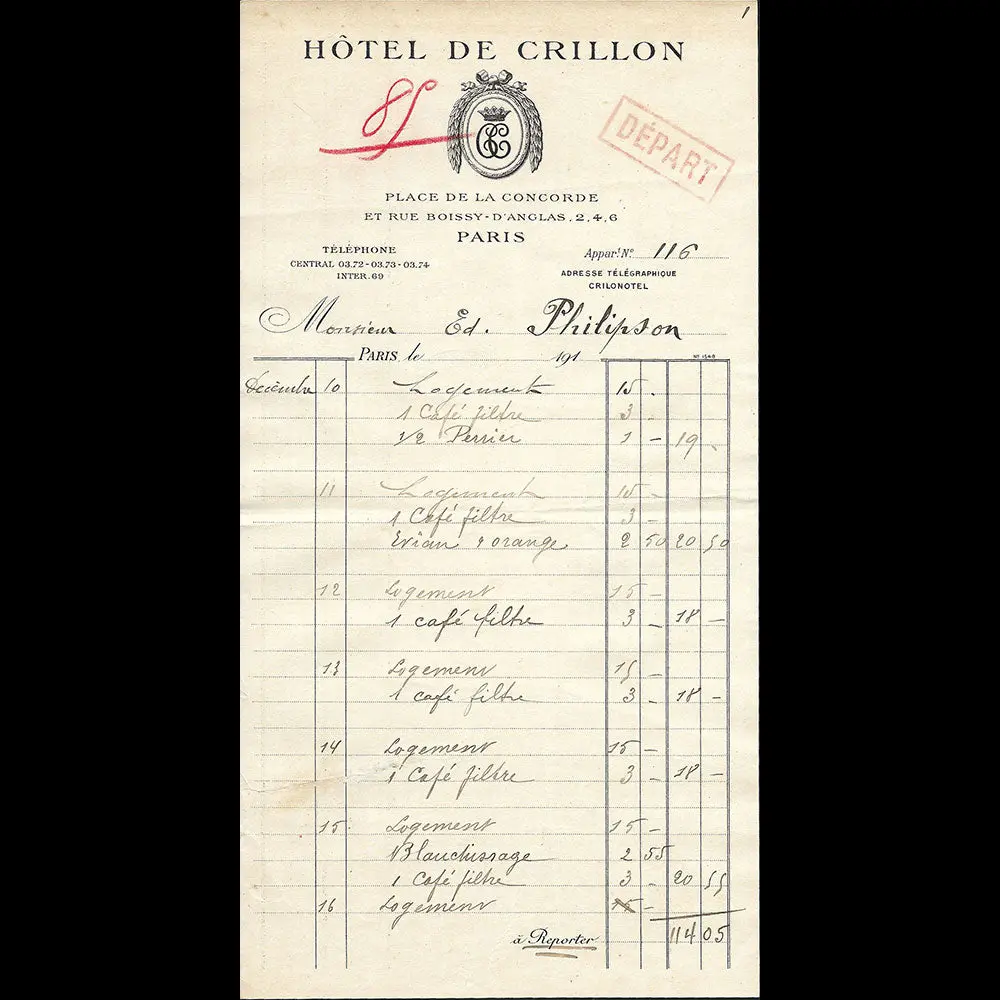 Hôtel De Crillon - Facture De L'hotel, Place De La Concorde À Paris (1919) 1