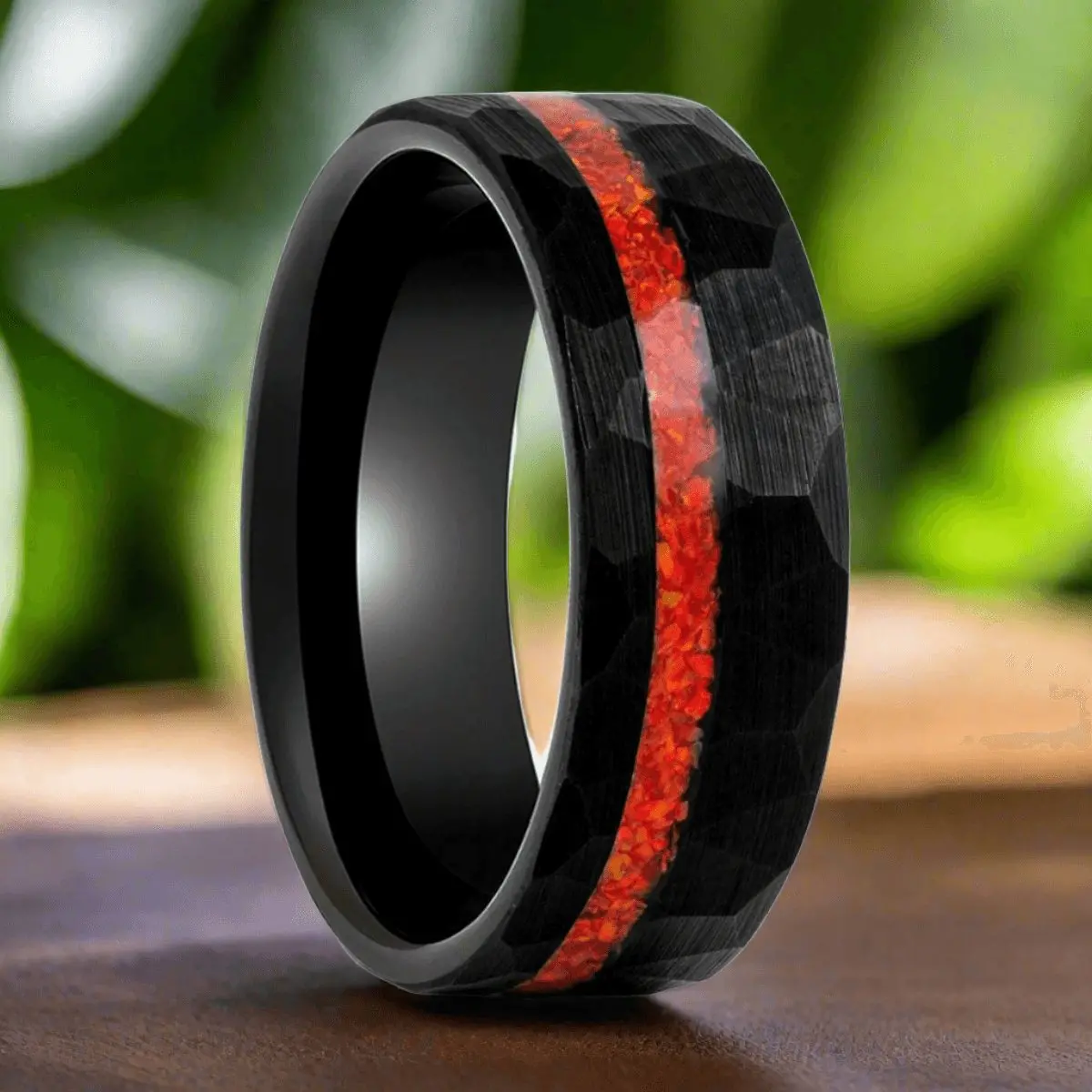 Crimsonite | Black Tungsten Ring, Hammered, Orange Opal Inlay, Flat 1