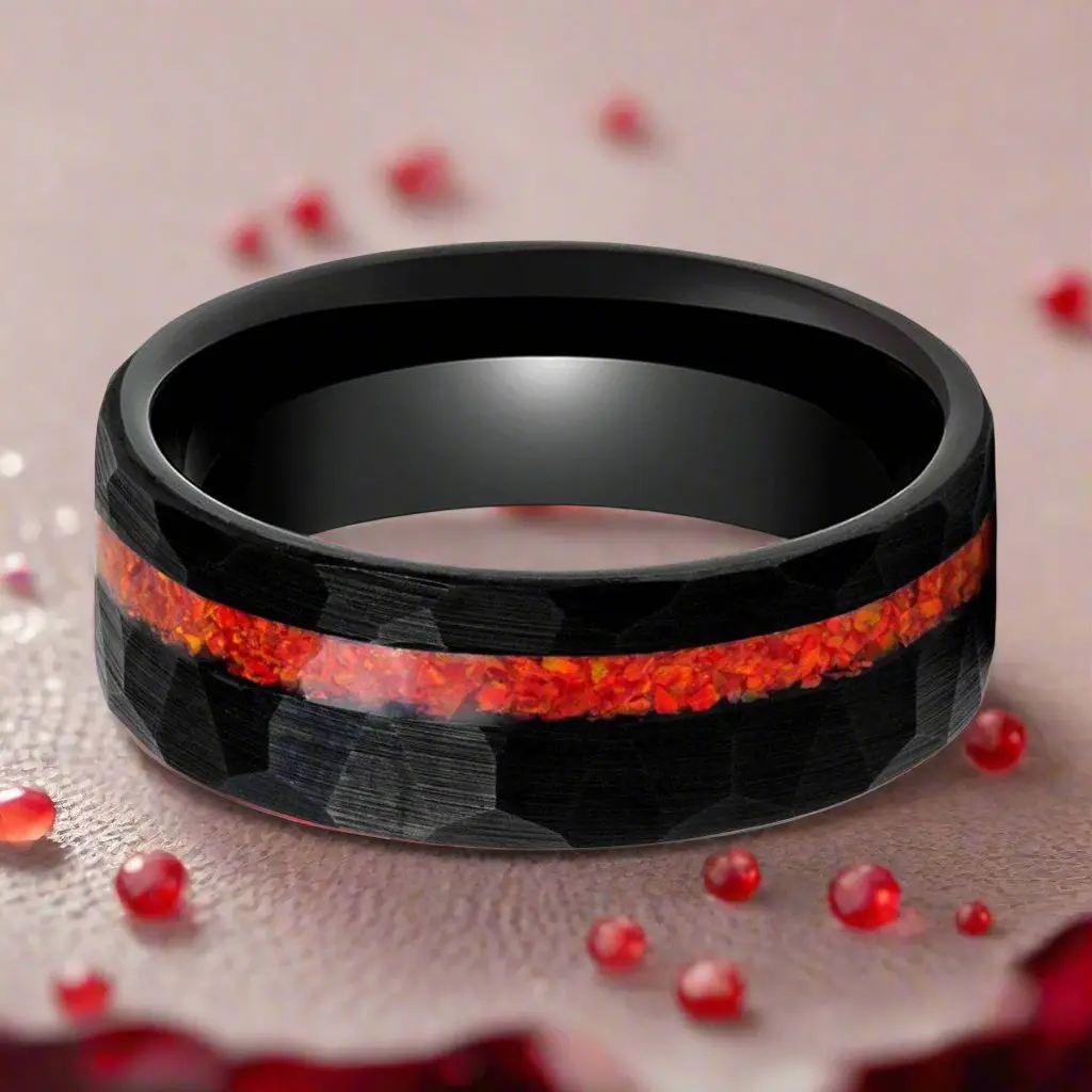 Crimsonite | Black Tungsten Ring, Hammered, Orange Opal Inlay, Flat 3