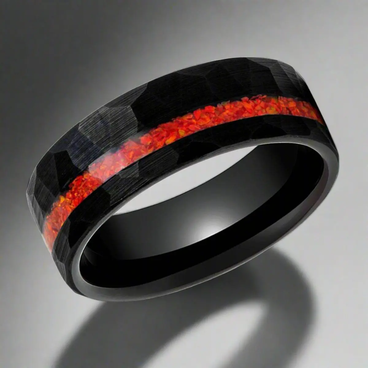 Crimsonite | Black Tungsten Ring, Hammered, Orange Opal Inlay, Flat 2