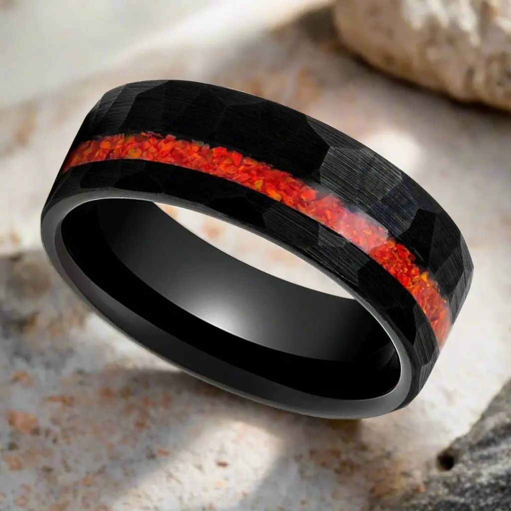 Crimsonite | Black Tungsten Ring, Hammered, Orange Opal Inlay, Flat 4