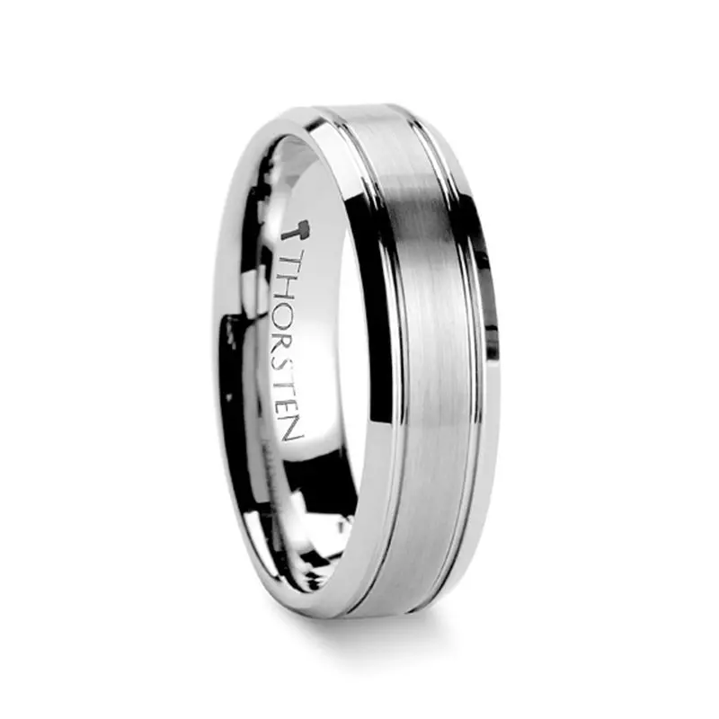 Cronus | Silver Tungsten Ring, Brushed Center 2 Grooves, Domed 1