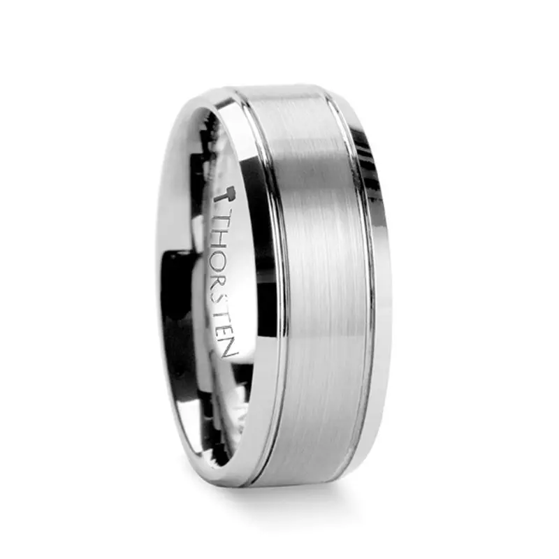 Cronus | Silver Tungsten Ring, Brushed Center 2 Grooves, Domed 2