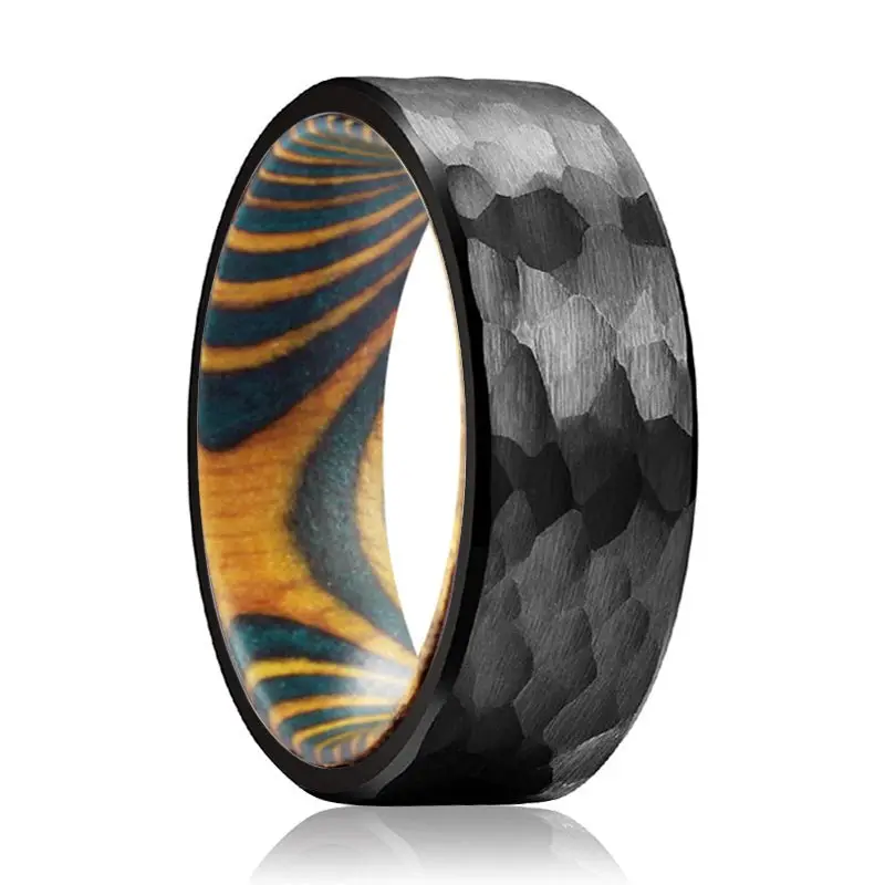 Crosscut | Green And Yellow Wood, Black Tungsten Ring, Hammered, Flat 1