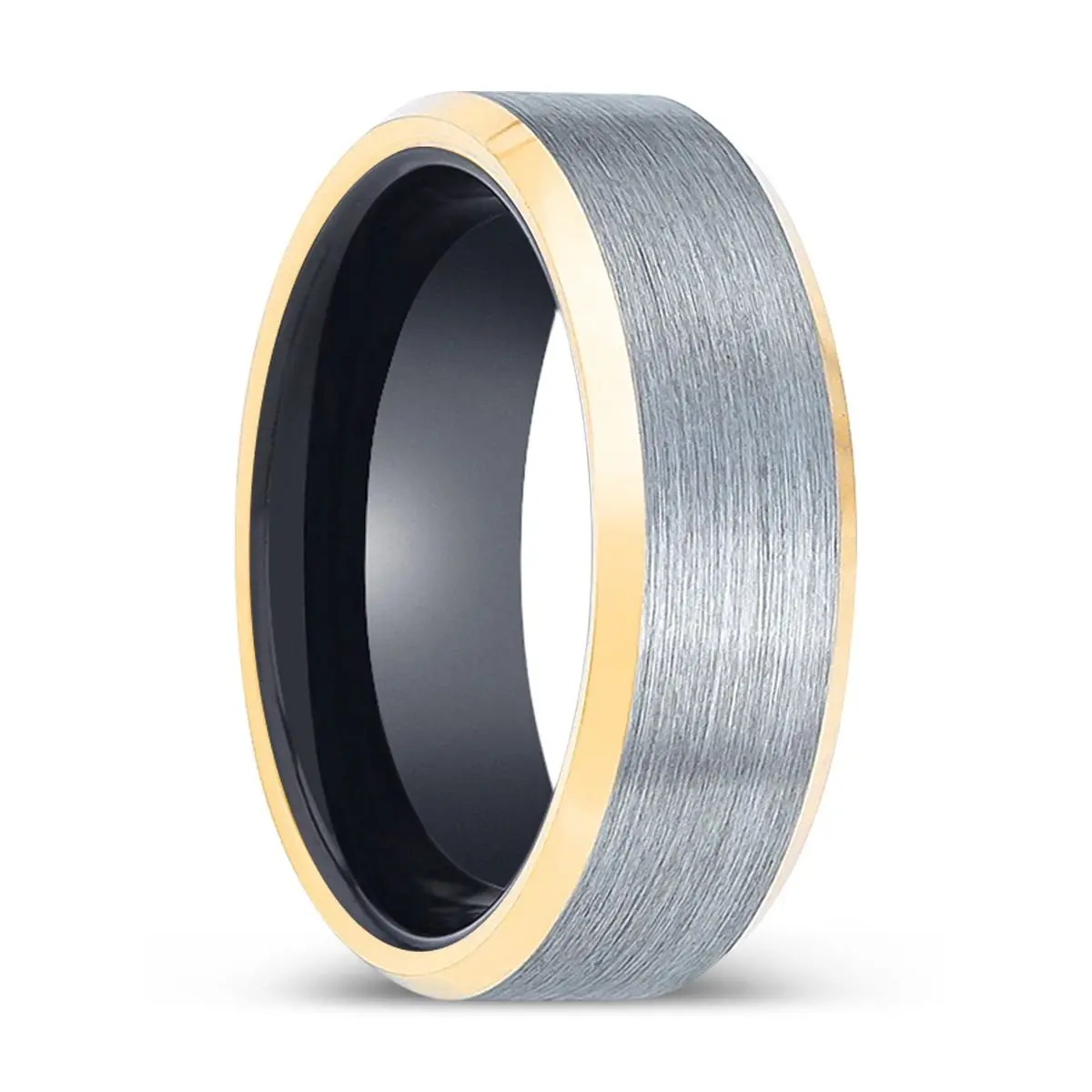 Crow | Black Ring, Brushed, Silver Tungsten Ring, Gold Beveled Edges 1
