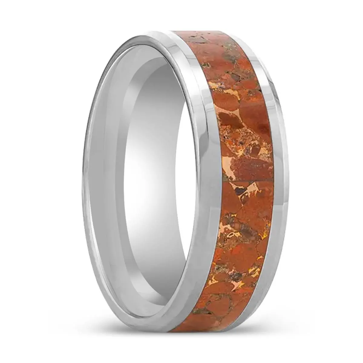 Crown | Tungsten Ring, Orange Copper Conglomerate Inlay, Beveled Edges 1