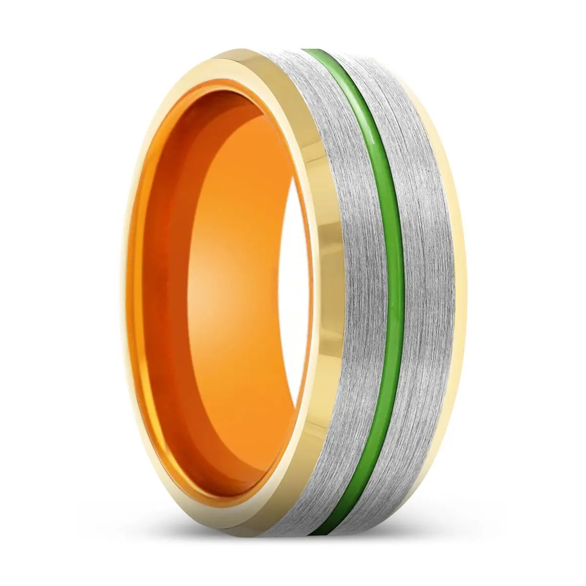Crusader | Orange Ring, Silver Tungsten Ring, Green Groove, Gold Beveled Edge 1
