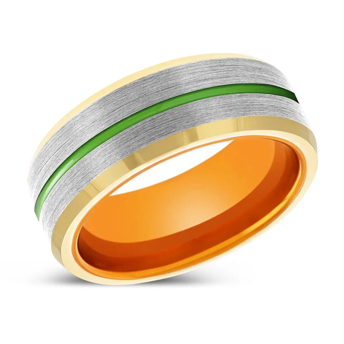 Crusader | Orange Ring, Silver Tungsten Ring, Green Groove, Gold Beveled Edge 2